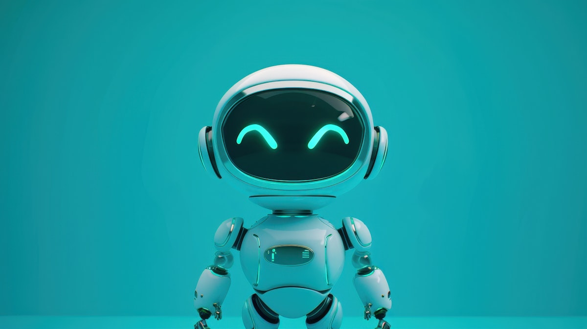 Adorable futuristic robot with glowing teal eyes on a sleek, rounded body against a vibrant teal background.